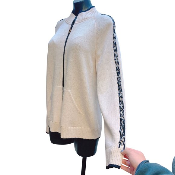 St. John Sport Cream Black Knit Cardigan Zipper Braided Sleeve Detail M - Picture 6 of 10